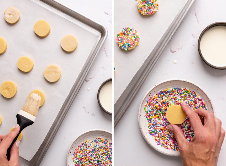 two photos showing brushing butter cookies with milk and dipping them in sprinkles before baking