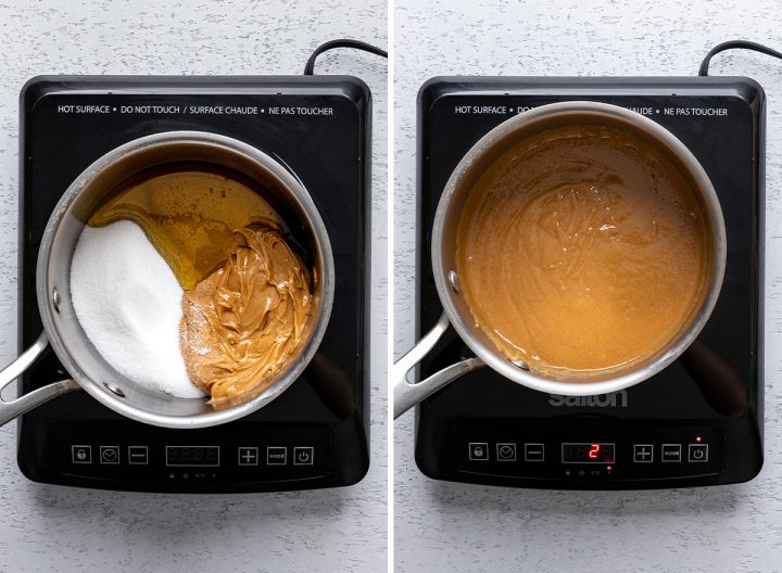 two photos showing How to Make Scotcheroos - warming ingredients on stovetop