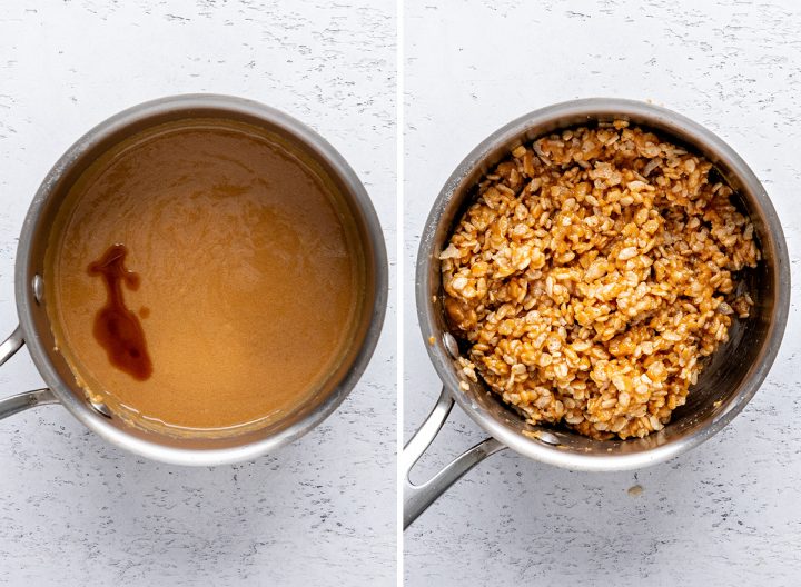 two photos showing How to Make Scotcheroos - adding vanilla and cereal