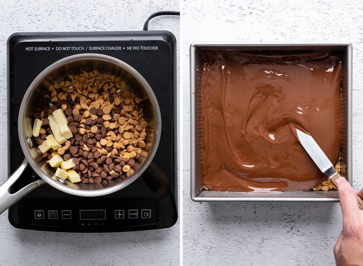 two photos showing How to Make the topping for Scotcheroos 