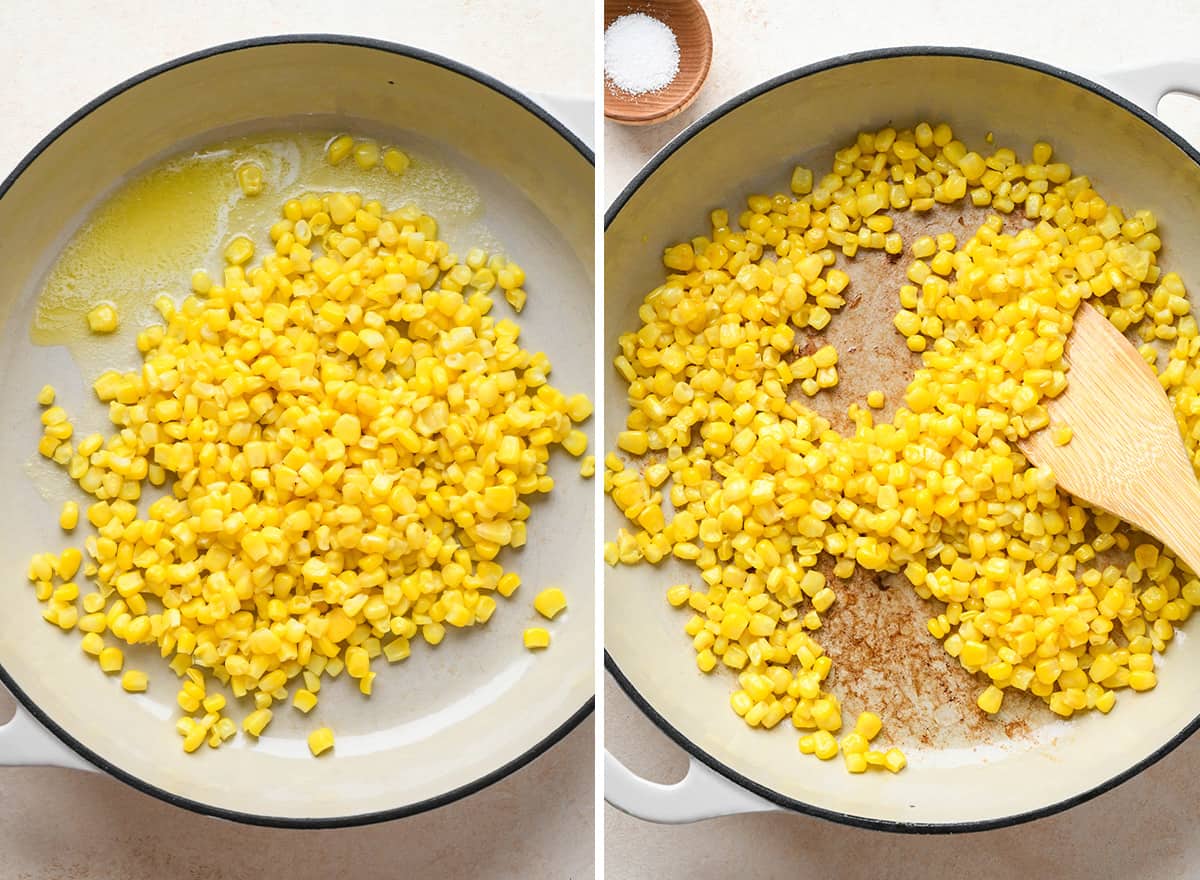 two photos showing how to make taco salad - toasting the corn
