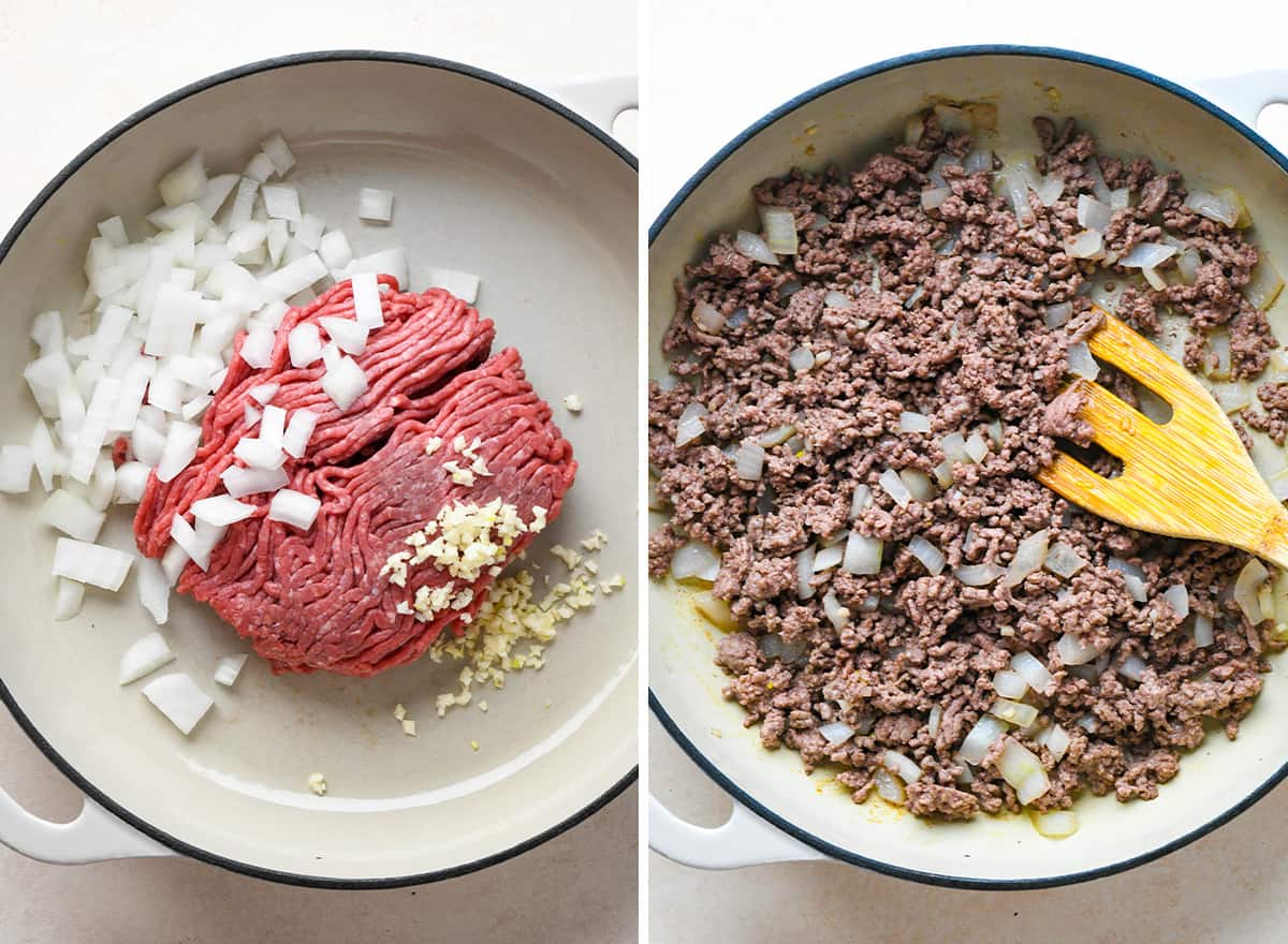 two photos showing how to make taco salad - making the taco meat