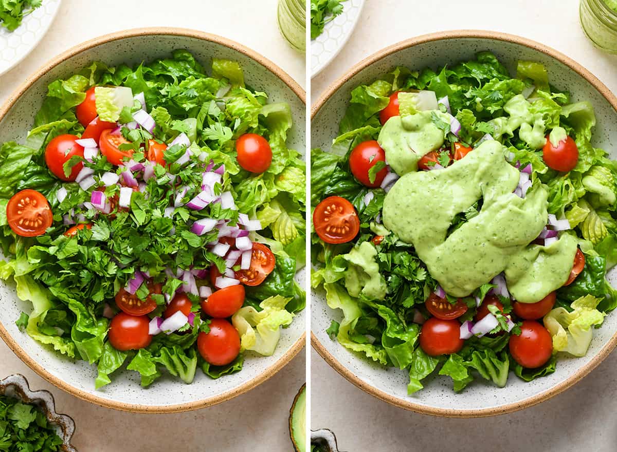 two photos showing how to assemble  taco salad. 