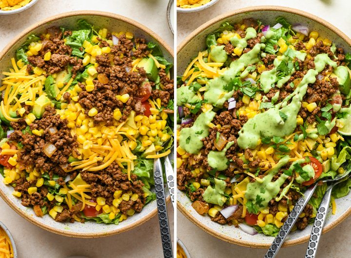 two photos showing how to assemble  taco salad. 