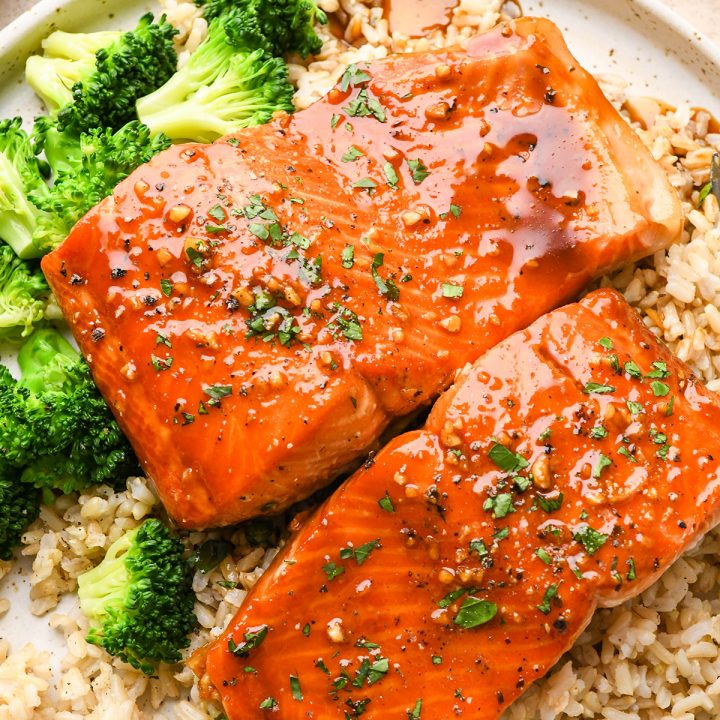 maple glazed salmon with rice and broccoli
