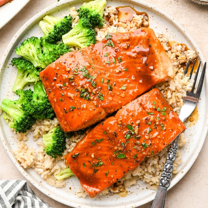 Maple Salmon on a plate with rice and broccoli