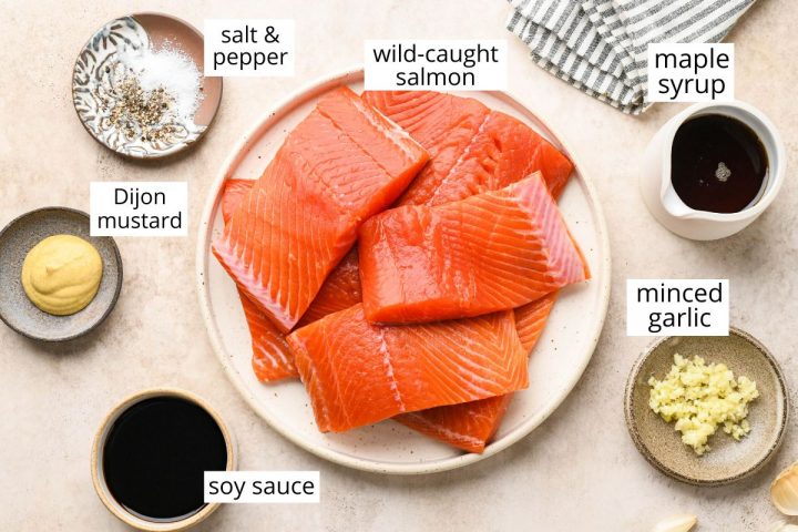 overhead photo of the labeled ingredients in this maple salmon recipe