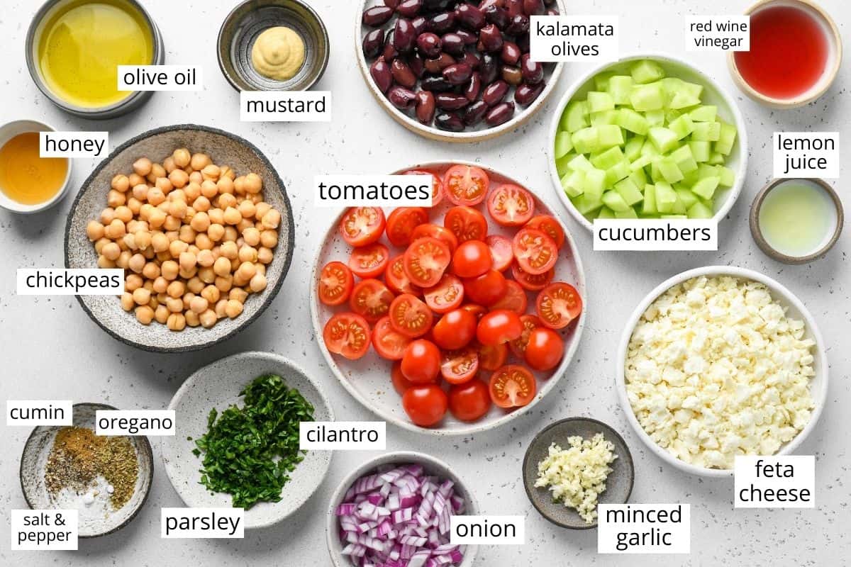 overhead view of the ingredients in this Mediterranean Chickpea Salad recipe