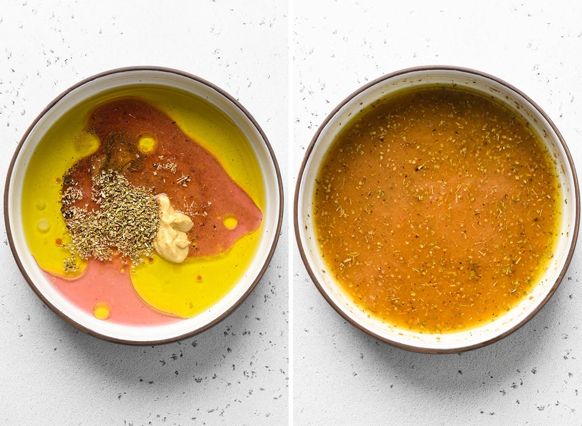 two photos showing how to make the dressing for this chickpea salad