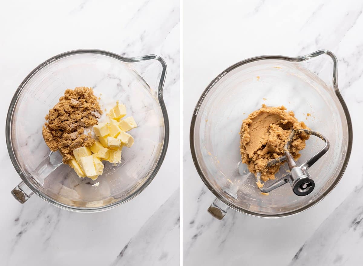 two photos showing How to Make Zucchini Cookies - beating butter and sugars together