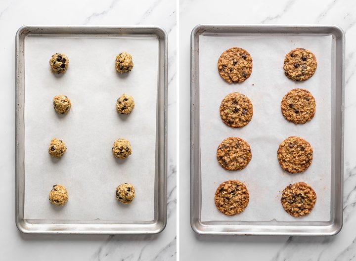 two photos showing zucchini cookies on a baking sheet before and after baking