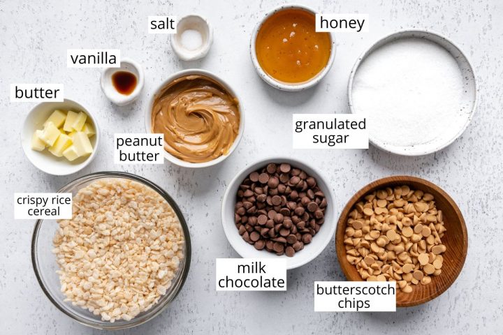 overhead view of the ingredients in this Scotcheroos recipe