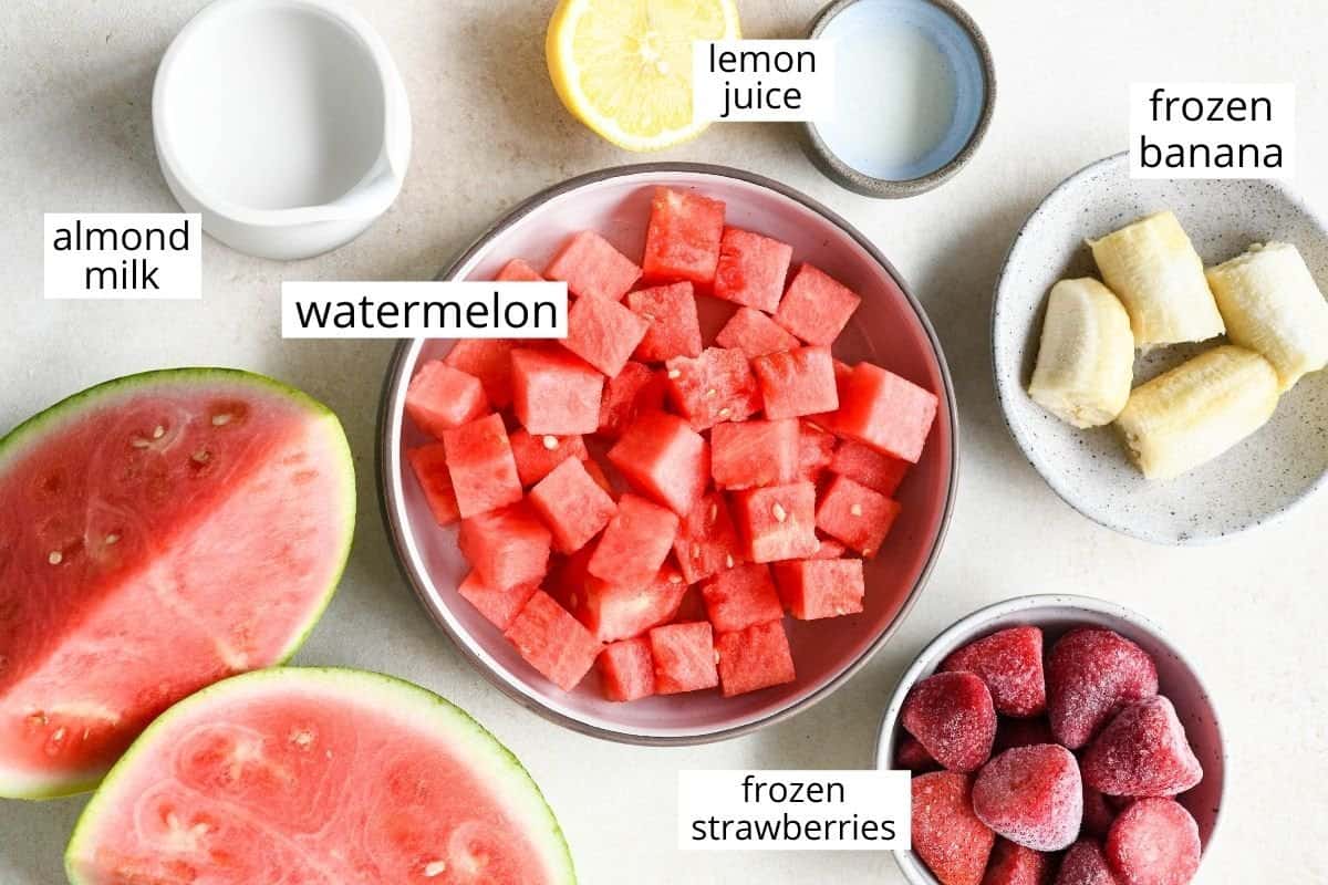 overhead view of the ingredients in this Watermelon Smoothie recipe