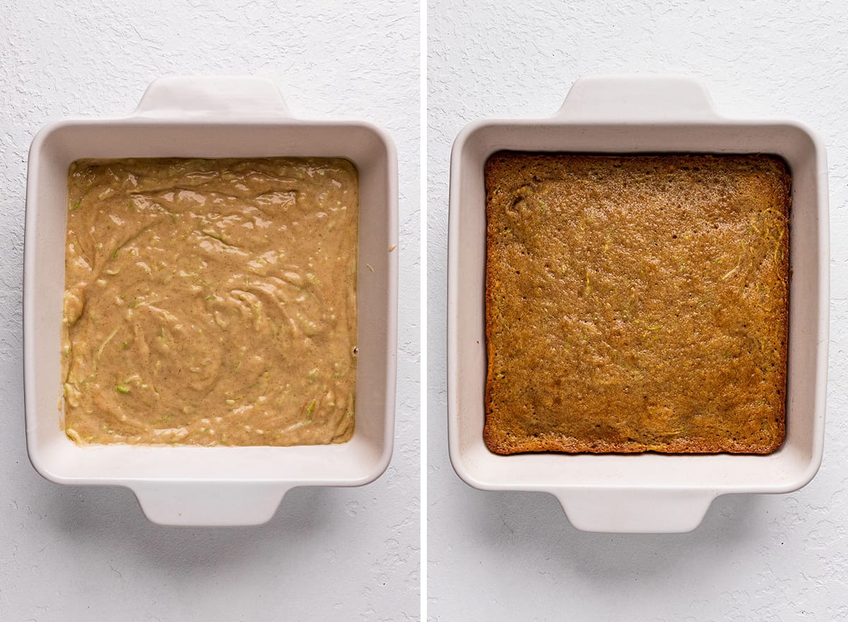 two photos showing How to Make Zucchini Bars - in the baking dish before and after baking