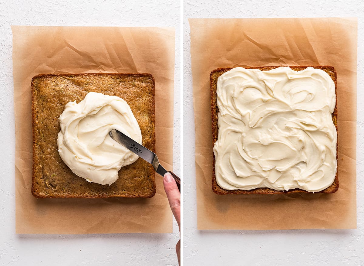 two photos showing cream cheese frosting being spread over the top of cooled zucchini bars
