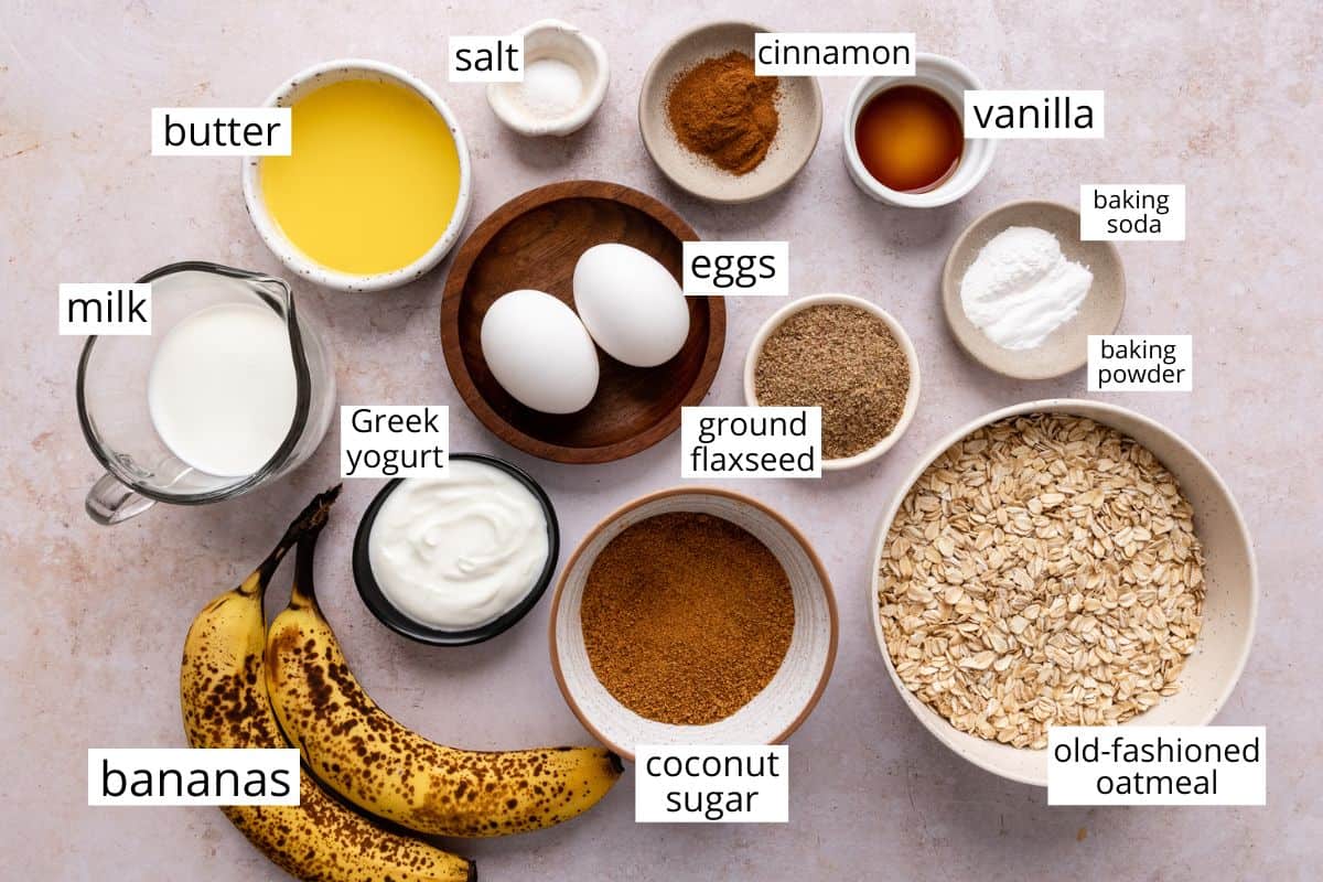 overhead photo of the ingredients in this Banana Oatmeal Muffins recipe