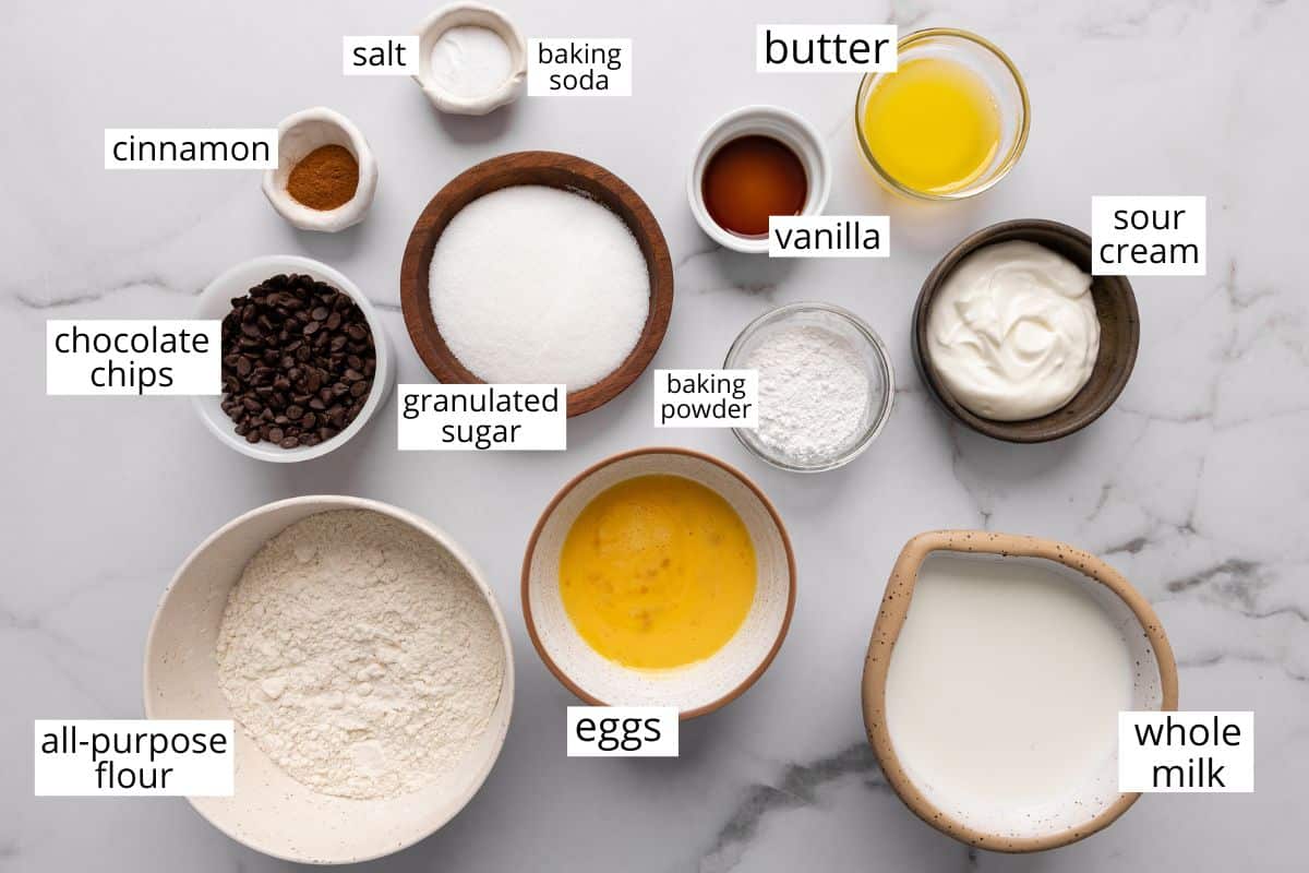 overhead photo of the ingredients in this Chocolate Chip Pancakes recipe