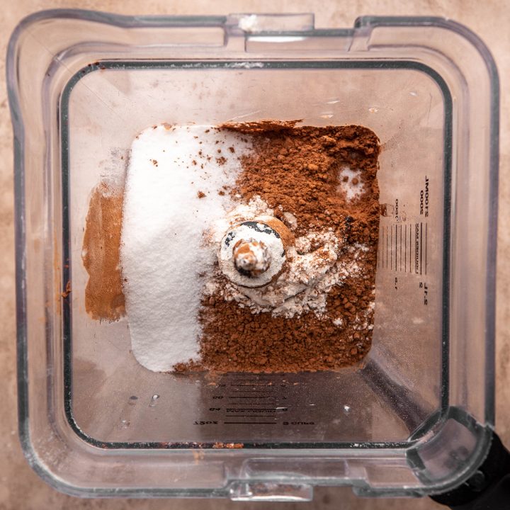 Chocolate crepes ingredients in a blender before blending