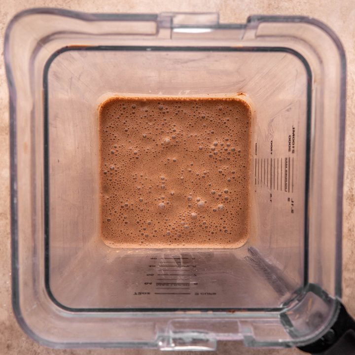 Chocolate crepe batter in a blender after blending