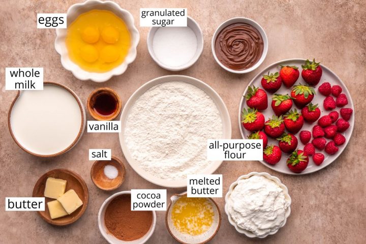 overhead view of the ingredients in this Chocolate Crepes recipe