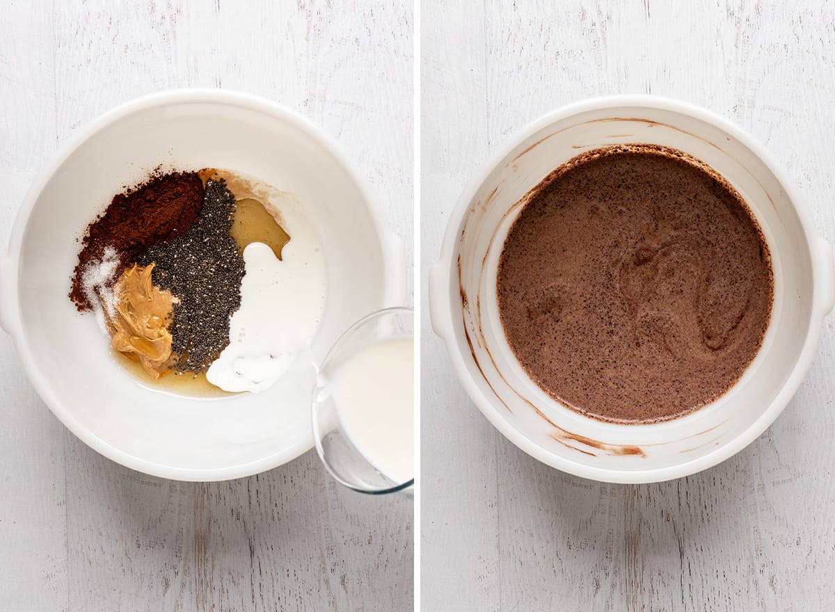 two photos showing how to make Chocolate Peanut Butter Overnight Oats