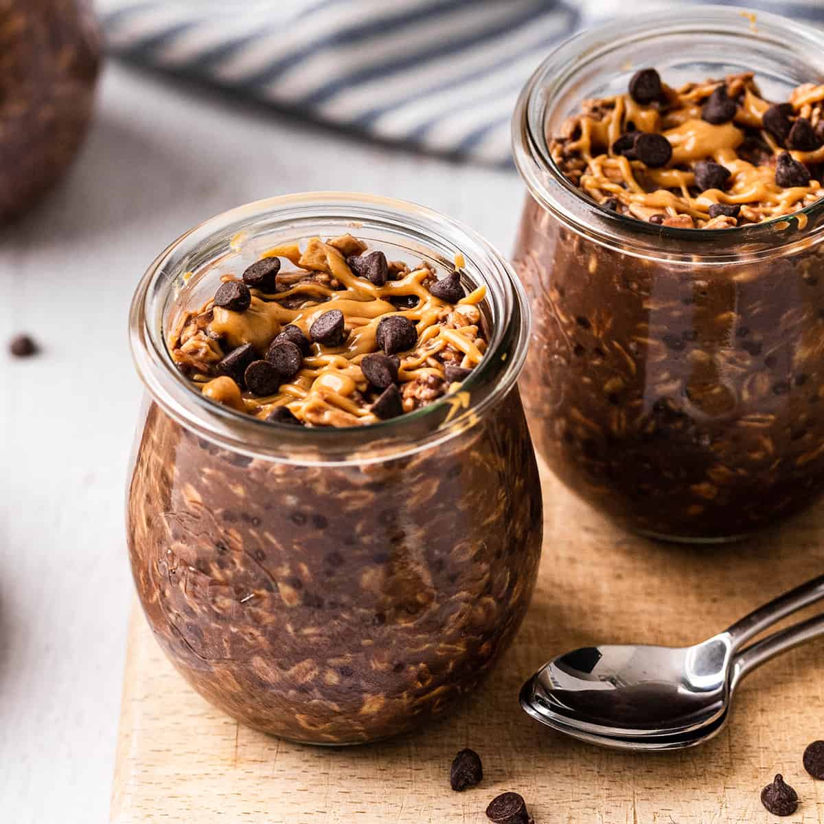 two jars of Chocolate Peanut Butter Overnight Oats