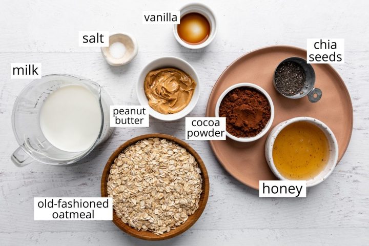 overhead view of the labeled ingredients in this Chocolate Peanut Butter Overnight Oats recipe