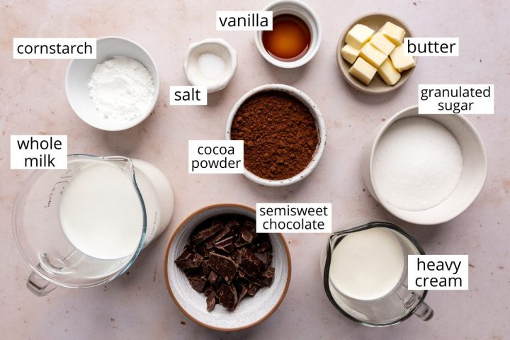 overhead photo of the ingredients in this Homemade Chocolate Pudding recipe