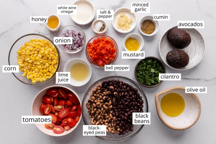 overhead view of the ingredients in this Cowboy Caviar Recipe