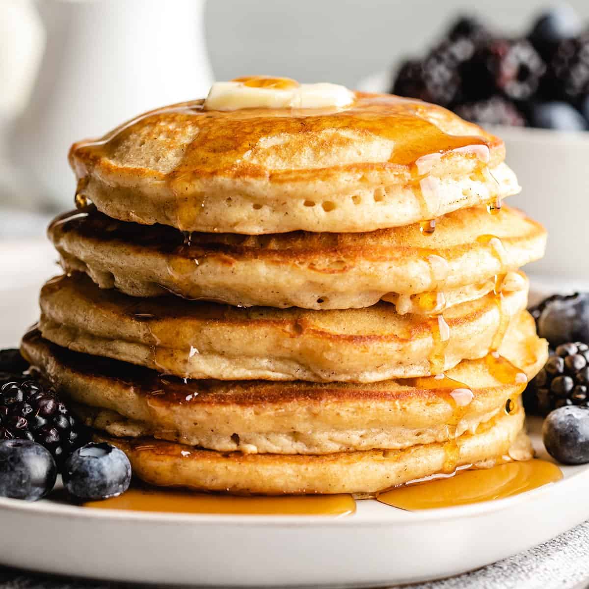 a stack of 5 fluffy pancakes from scratch