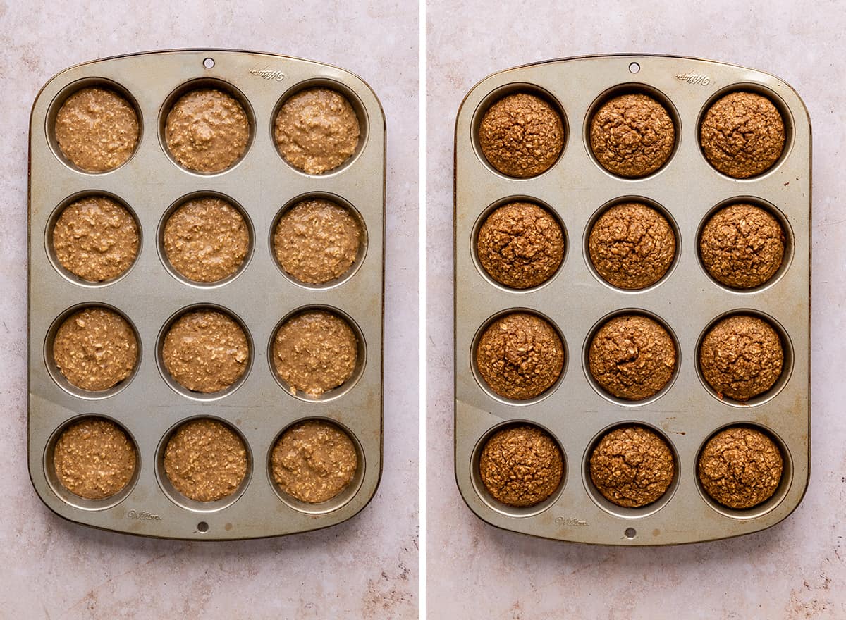 banana oatmeal muffins in the muffin tin before and after baking. 