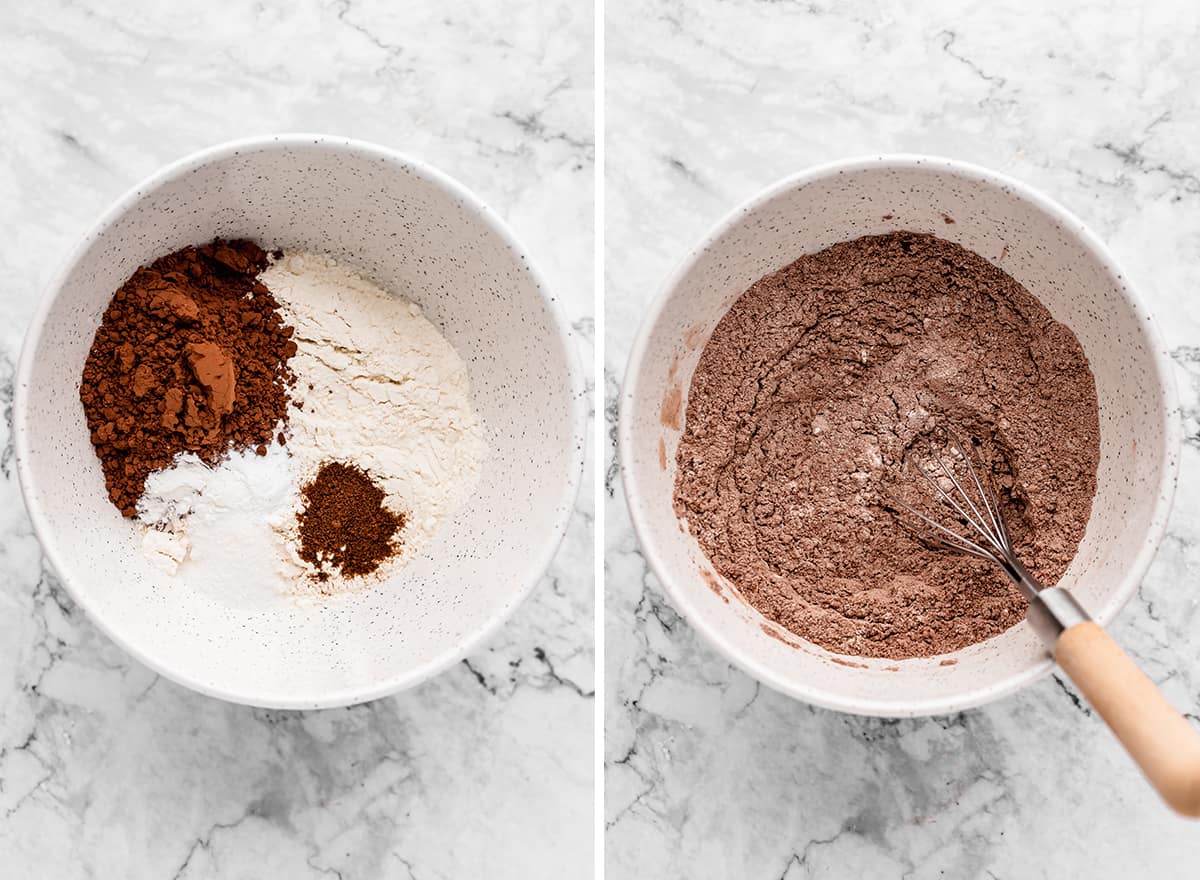 two photos showing mixing the dry ingredients for Healthy Chocolate Cake recipe
