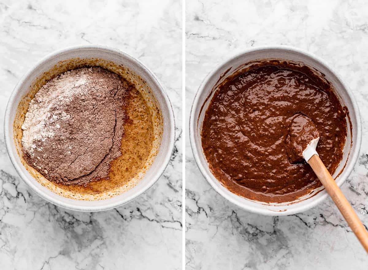 two photos showing combining the wet and dry ingredients in this Healthy Chocolate Cake recipe