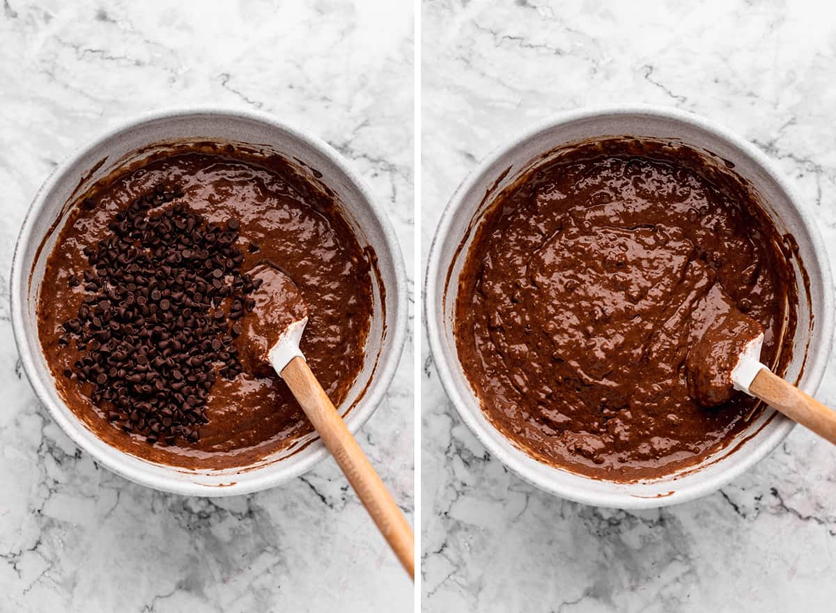 two photos showing mixing chocolate chips into the Healthy Chocolate Cake batter