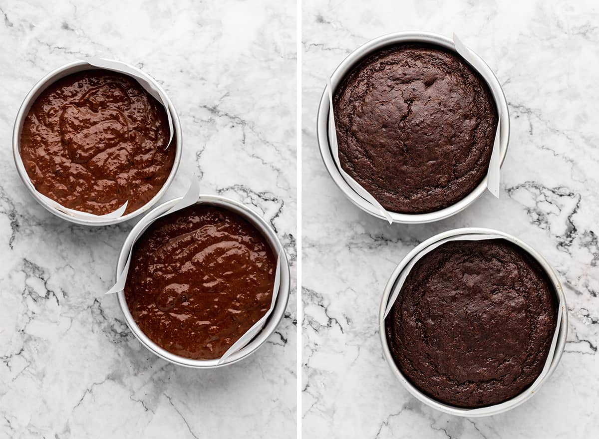 two photos showing Healthy Chocolate Cake in baking pans before and after baking