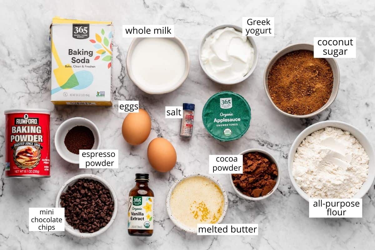 overhead photo of the labeled ingredients in this Healthy Chocolate Cake recipe
