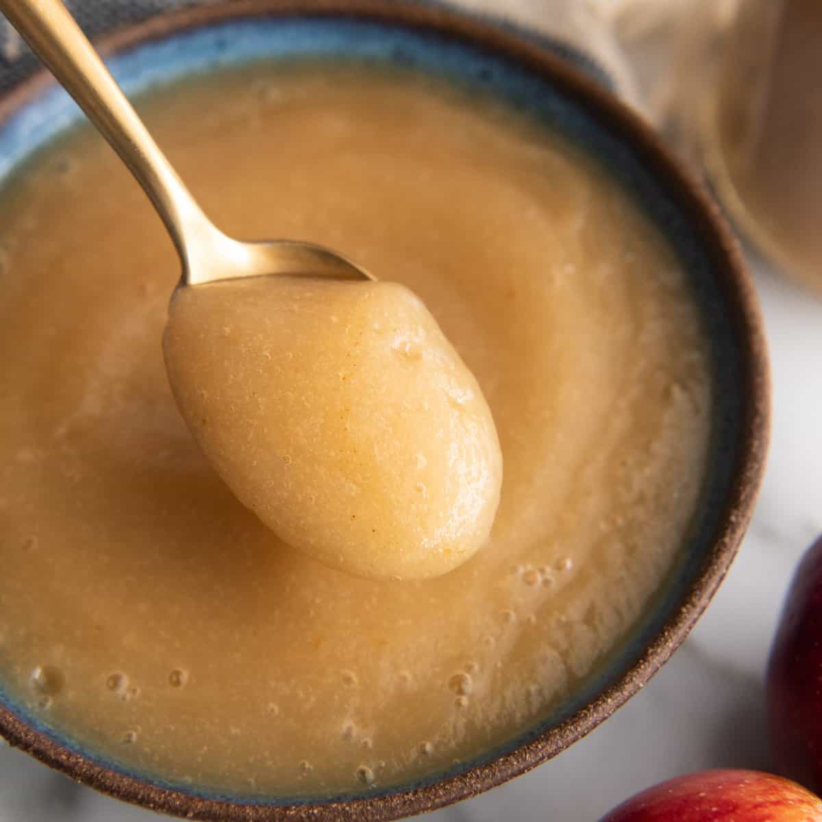 a spoon taking a scoop of homemade applesauce out of a bowl
