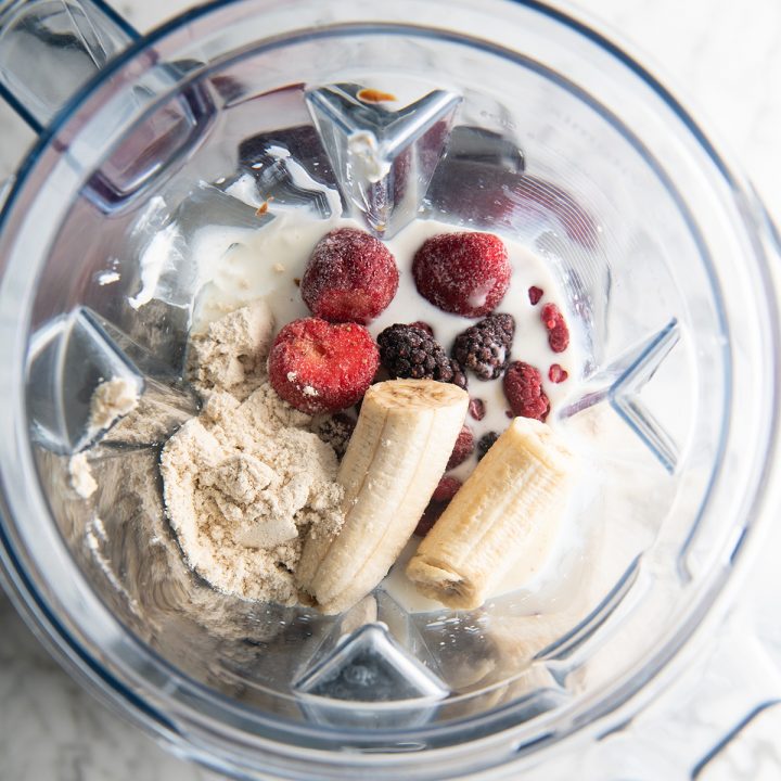 How to Make a Protein Smoothie - ingredients in the blending container before blending