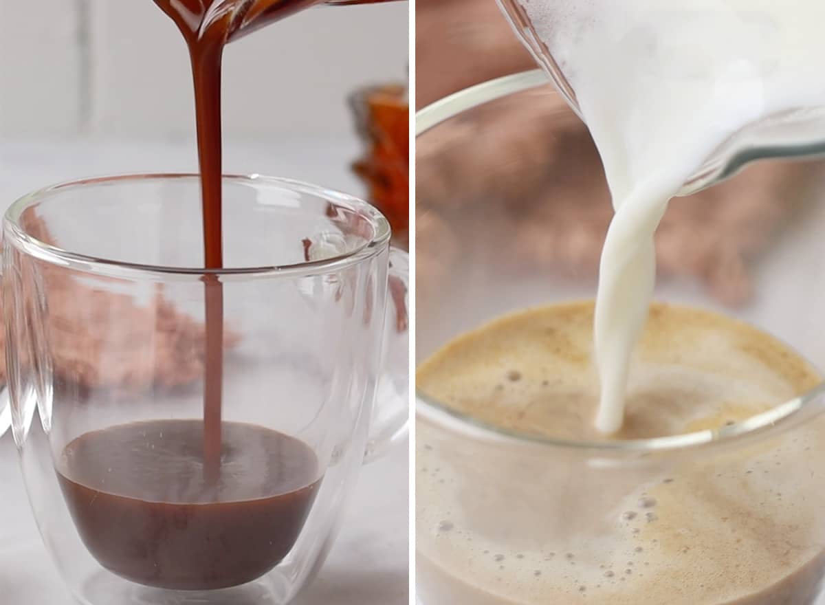 two photos showing How to Make a Pumpkin Spice Latte - mixing milk into pumpkin syrup