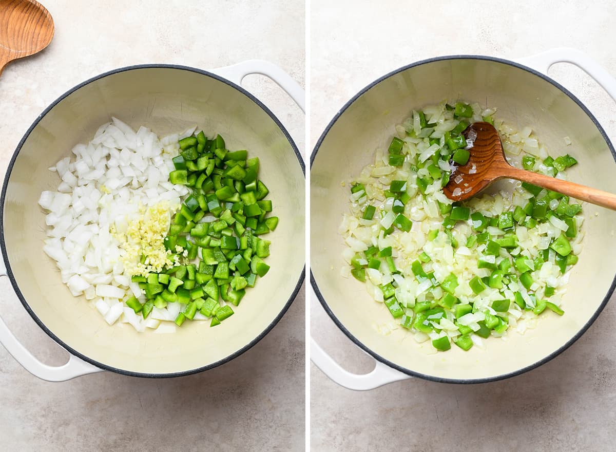 two photos showing How to Make Chicken Tortilla Soup - cooking the veggies and onions. 