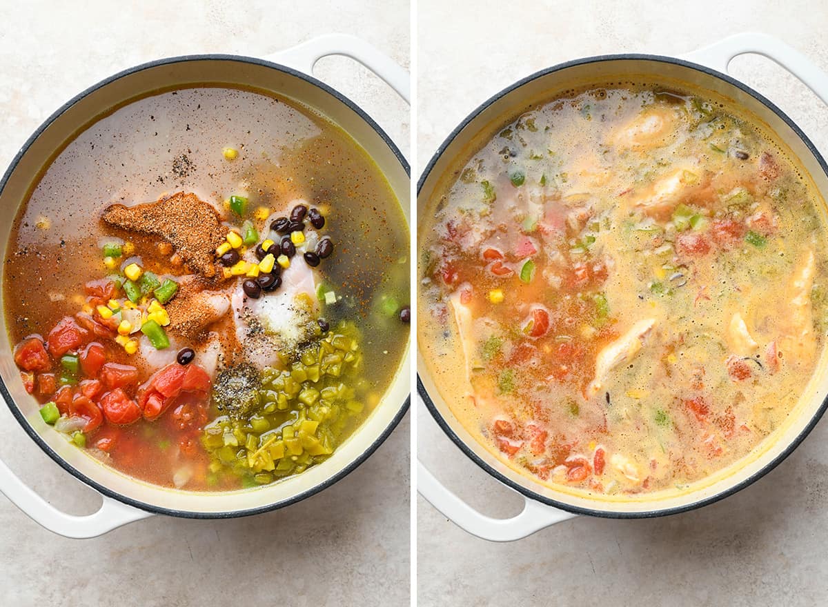 two photos showing How to Make Chicken Tortilla Soup - adding ingredients