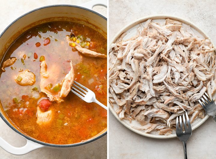 two photos showing How to Make Chicken Tortilla Soup - shredding chicken