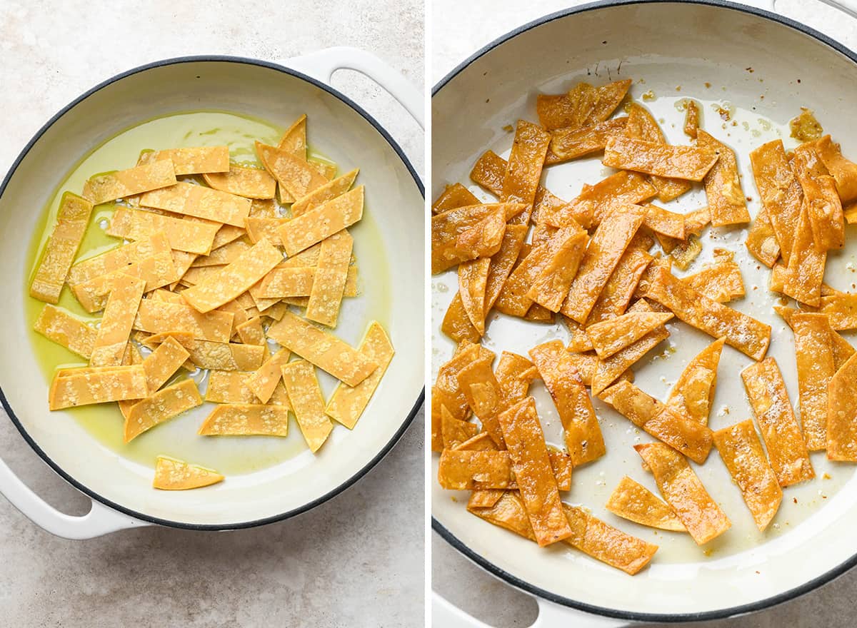 two photos showing How to Make Tortilla strips for soup  