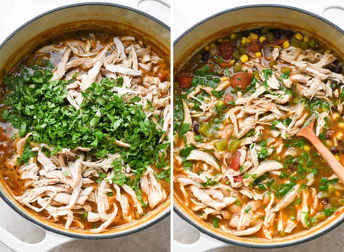two photos showing How to Make Chicken Tortilla Soup - adding cilantro