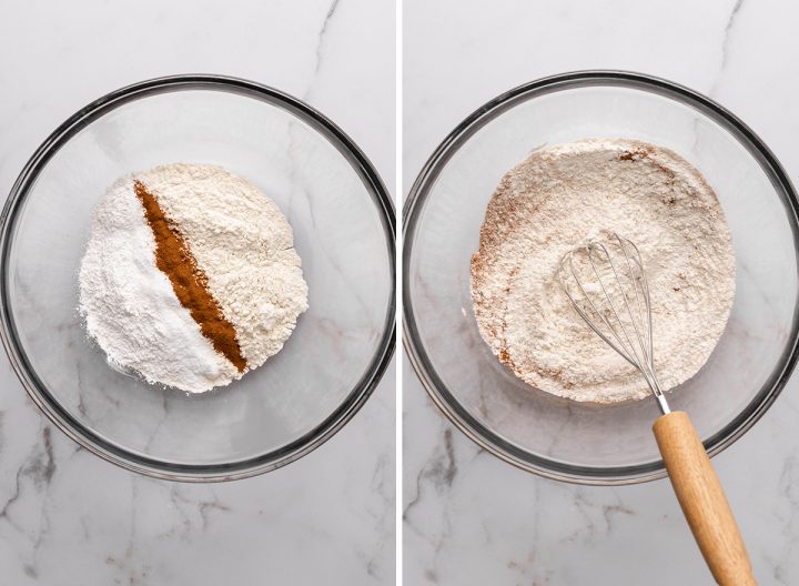 two photos showing How to Make chocolate Chip Pancakes - mixing dry ingredients