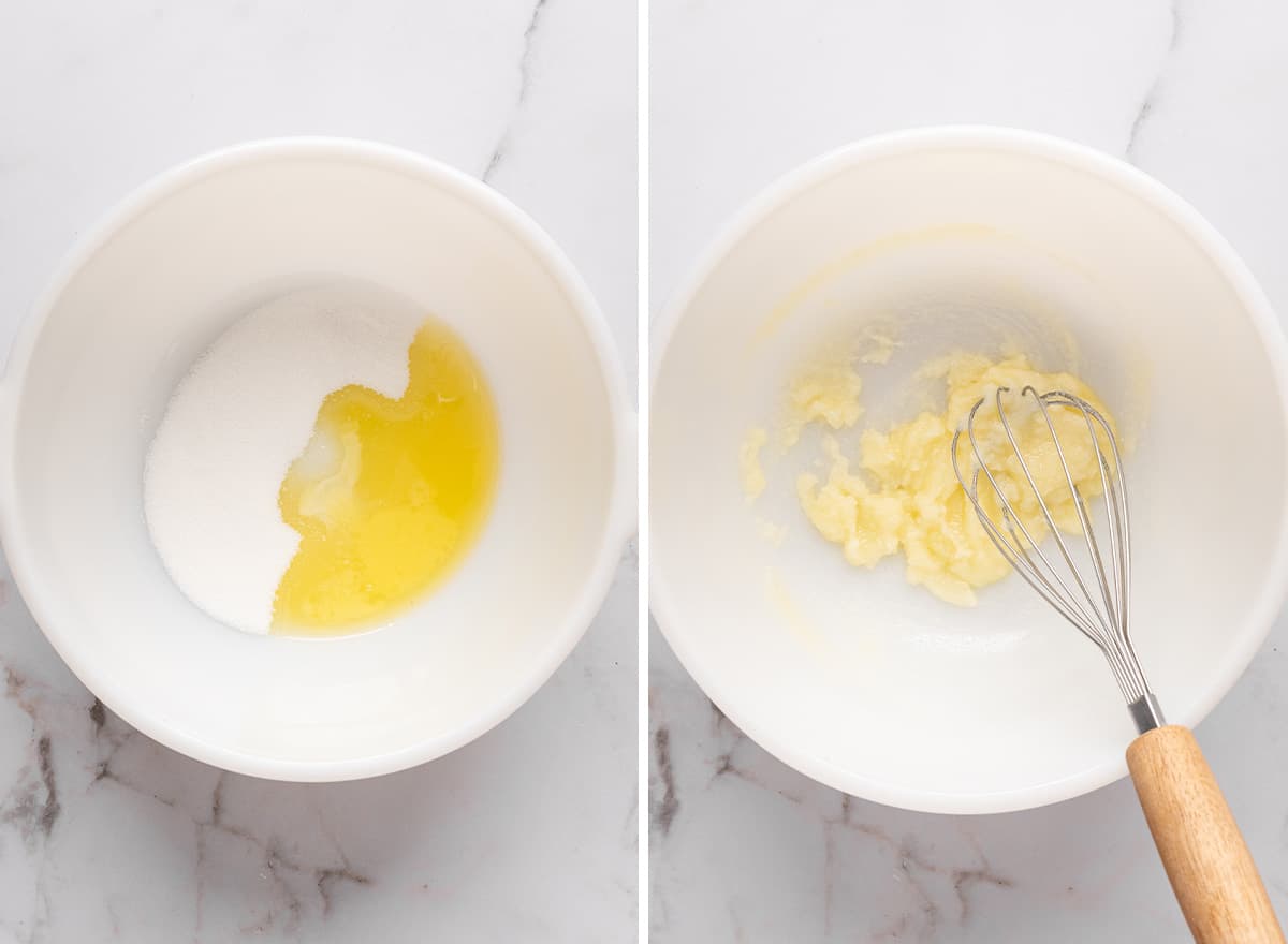 two photos showingHow to Make chocolate Chip Pancakes - whisking butter and sugar