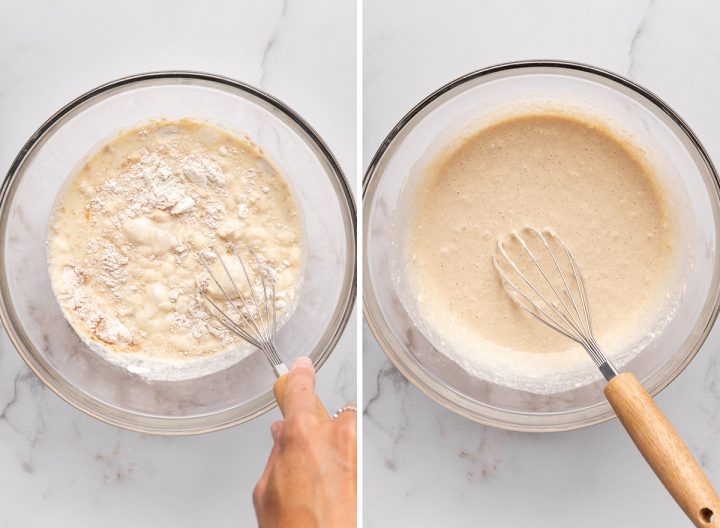 two photos showing How to Make chocolate Chip Pancakes - combining wet and dry ingredients