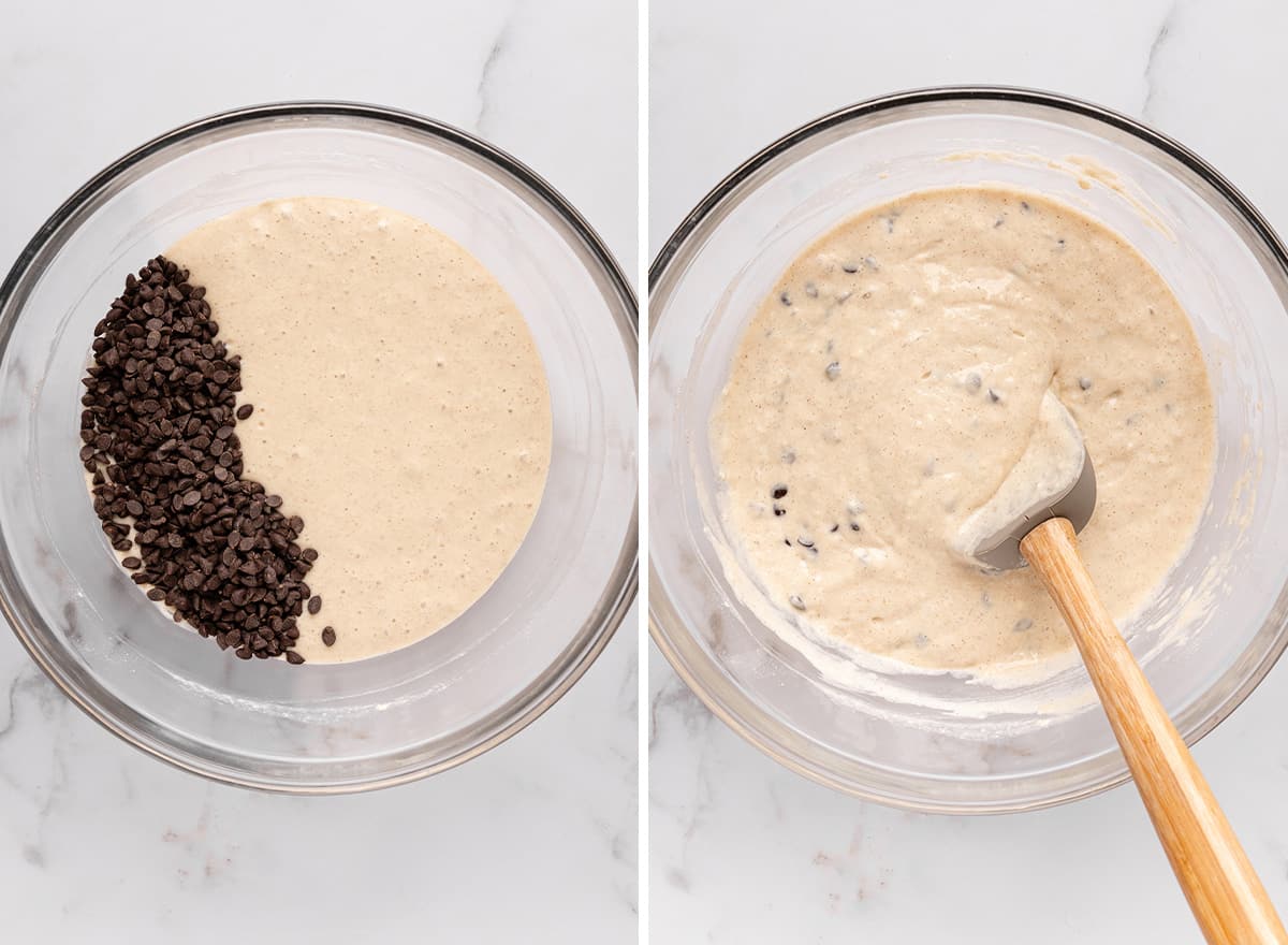 two photos showing How to Make chocolate Chip Pancakes - stirring in chocolate chips