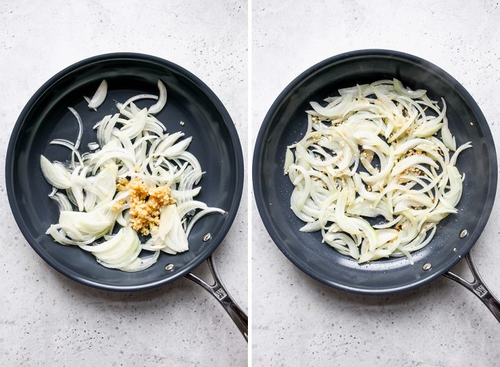 two photos showing How to Make Lo Mein in a nonstick pan - cooking onions and garlic