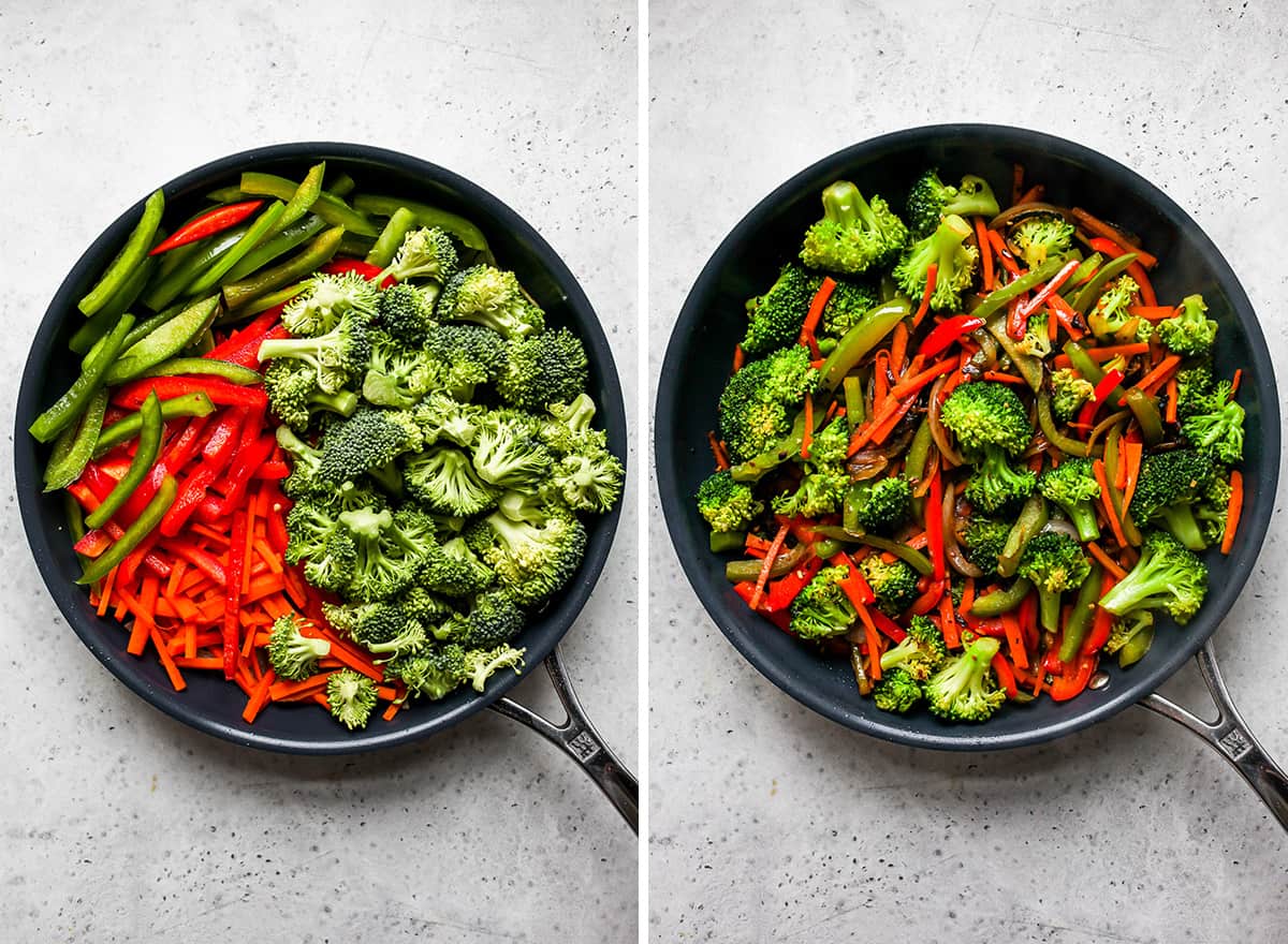 two photos showing How to Make Lo Mein - cooking vegetables.